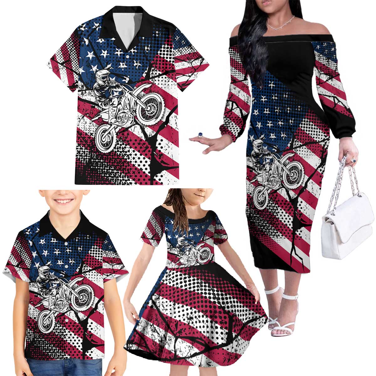 Motocross Rider Family Matching Off The Shoulder Long Sleeve Dress and Hawaiian Shirt with American Flag Grunge Pattern and Custom Name Number - Wonder Print Shop