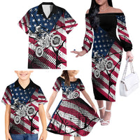 Motocross Rider Family Matching Off The Shoulder Long Sleeve Dress and Hawaiian Shirt with American Flag Grunge Pattern and Custom Name Number - Wonder Print Shop