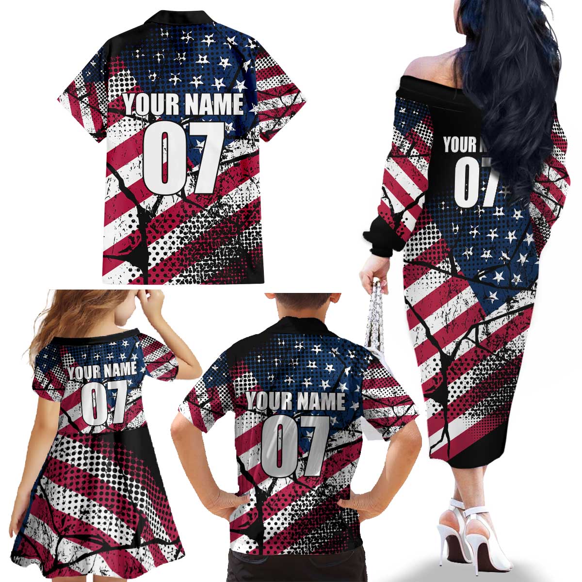 Motocross Rider Family Matching Off The Shoulder Long Sleeve Dress and Hawaiian Shirt with American Flag Grunge Pattern and Custom Name Number - Wonder Print Shop