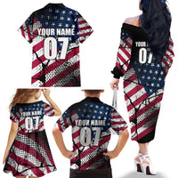Motocross Rider Family Matching Off The Shoulder Long Sleeve Dress and Hawaiian Shirt with American Flag Grunge Pattern and Custom Name Number - Wonder Print Shop