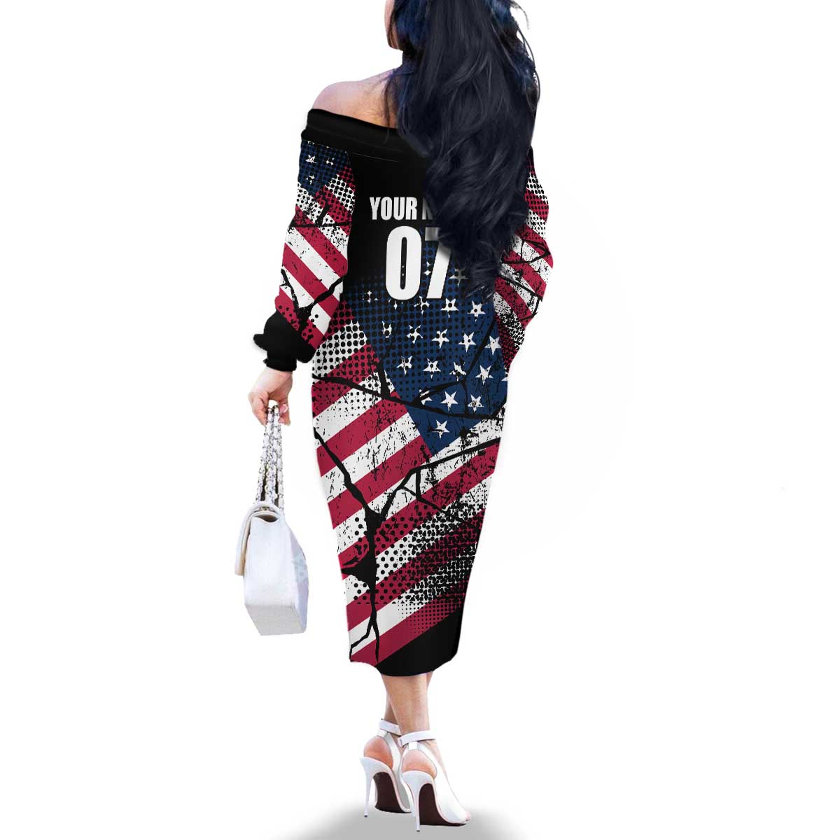 Motocross Rider Family Matching Off The Shoulder Long Sleeve Dress and Hawaiian Shirt with American Flag Grunge Pattern and Custom Name Number - Wonder Print Shop