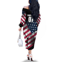 Motocross Rider Family Matching Off The Shoulder Long Sleeve Dress and Hawaiian Shirt with American Flag Grunge Pattern and Custom Name Number - Wonder Print Shop