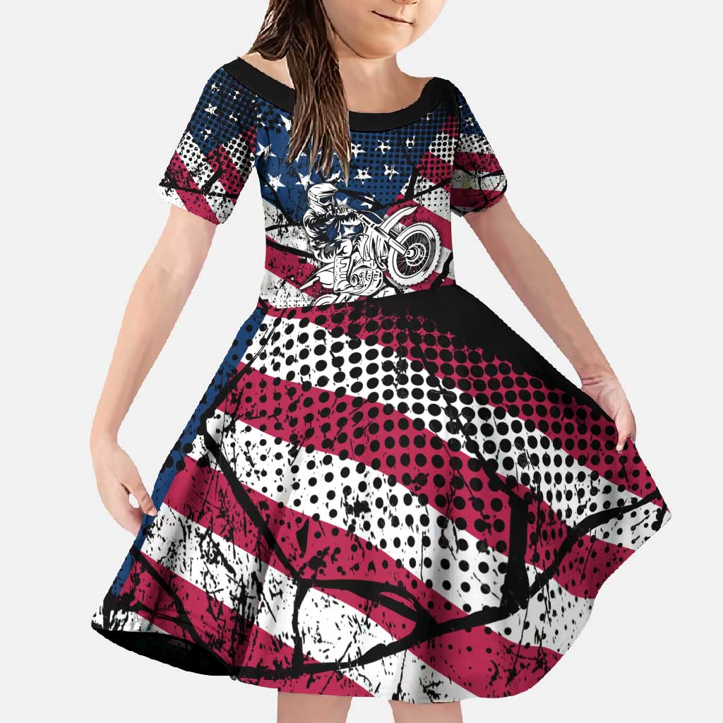 Motocross Rider Family Matching Off Shoulder Maxi Dress and Hawaiian Shirt with American Flag Grunge Pattern and Custom Name Number - Wonder Print Shop