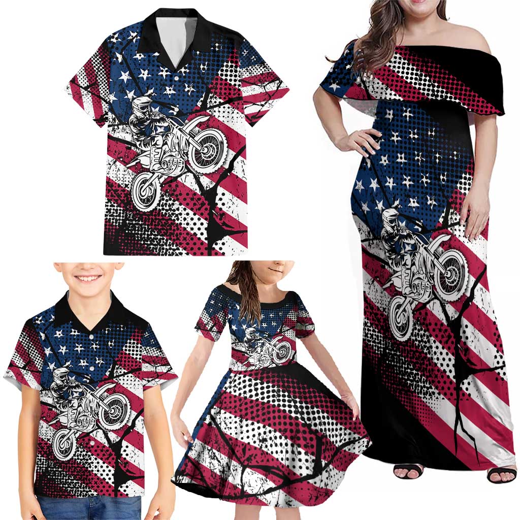 Motocross Rider Family Matching Off Shoulder Maxi Dress and Hawaiian Shirt with American Flag Grunge Pattern and Custom Name Number - Wonder Print Shop