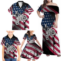 Motocross Rider Family Matching Off Shoulder Maxi Dress and Hawaiian Shirt with American Flag Grunge Pattern and Custom Name Number - Wonder Print Shop