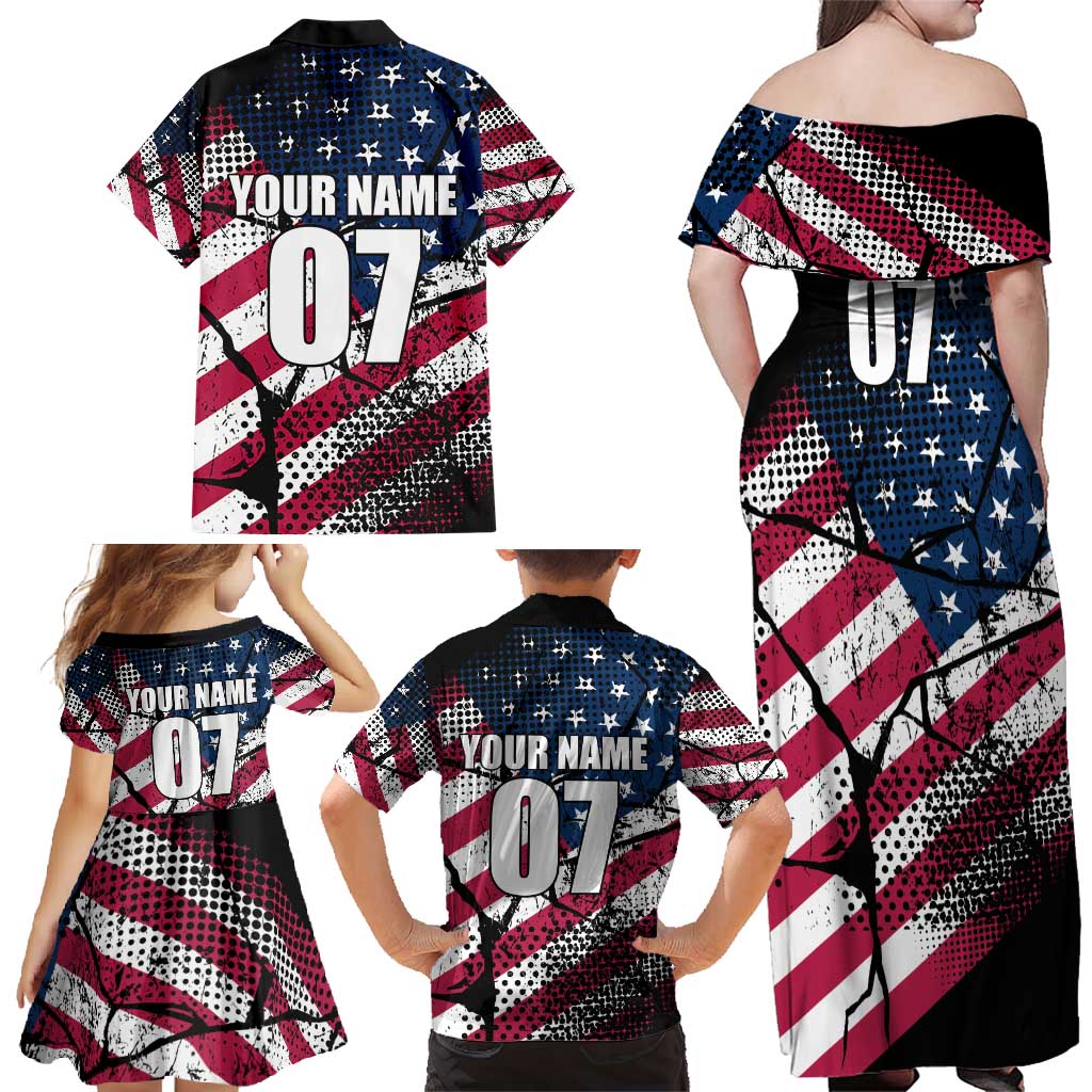 Motocross Rider Family Matching Off Shoulder Maxi Dress and Hawaiian Shirt with American Flag Grunge Pattern and Custom Name Number - Wonder Print Shop