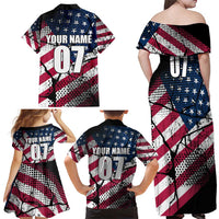 Motocross Rider Family Matching Off Shoulder Maxi Dress and Hawaiian Shirt with American Flag Grunge Pattern and Custom Name Number - Wonder Print Shop