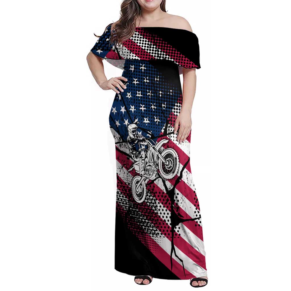 Motocross Rider Family Matching Off Shoulder Maxi Dress and Hawaiian Shirt with American Flag Grunge Pattern and Custom Name Number - Wonder Print Shop