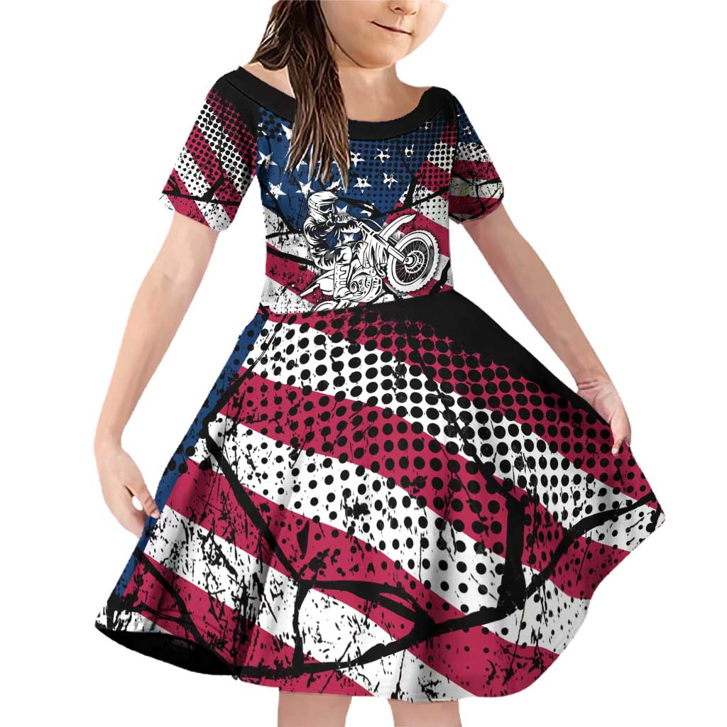 Motocross Rider Family Matching Off Shoulder Short Dress and Hawaiian Shirt with American Flag Grunge Pattern and Custom Name Number - Wonder Print Shop