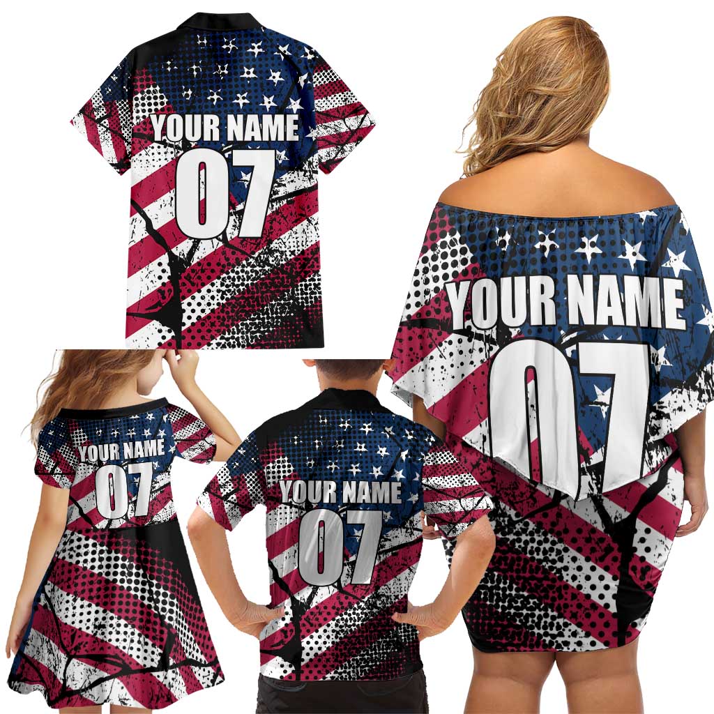 Motocross Rider Family Matching Off Shoulder Short Dress and Hawaiian Shirt with American Flag Grunge Pattern and Custom Name Number - Wonder Print Shop