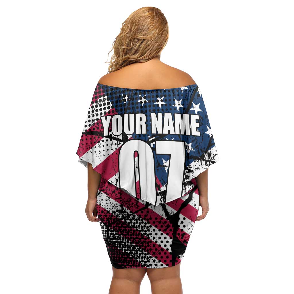 Motocross Rider Family Matching Off Shoulder Short Dress and Hawaiian Shirt with American Flag Grunge Pattern and Custom Name Number - Wonder Print Shop