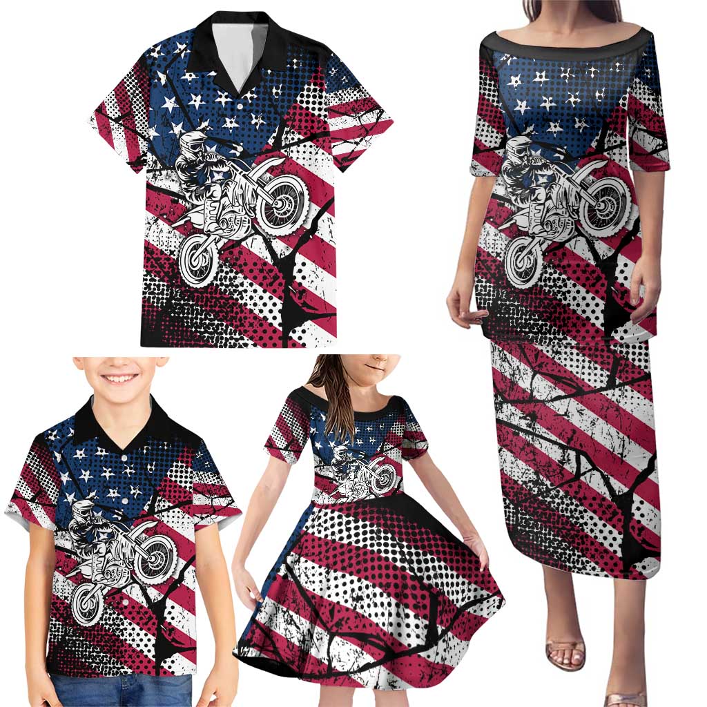 Motocross Rider Family Matching Puletasi and Hawaiian Shirt with American Flag Grunge Pattern and Custom Name Number - Wonder Print Shop