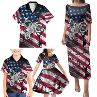 Motocross Rider Family Matching Puletasi and Hawaiian Shirt with American Flag Grunge Pattern and Custom Name Number - Wonder Print Shop