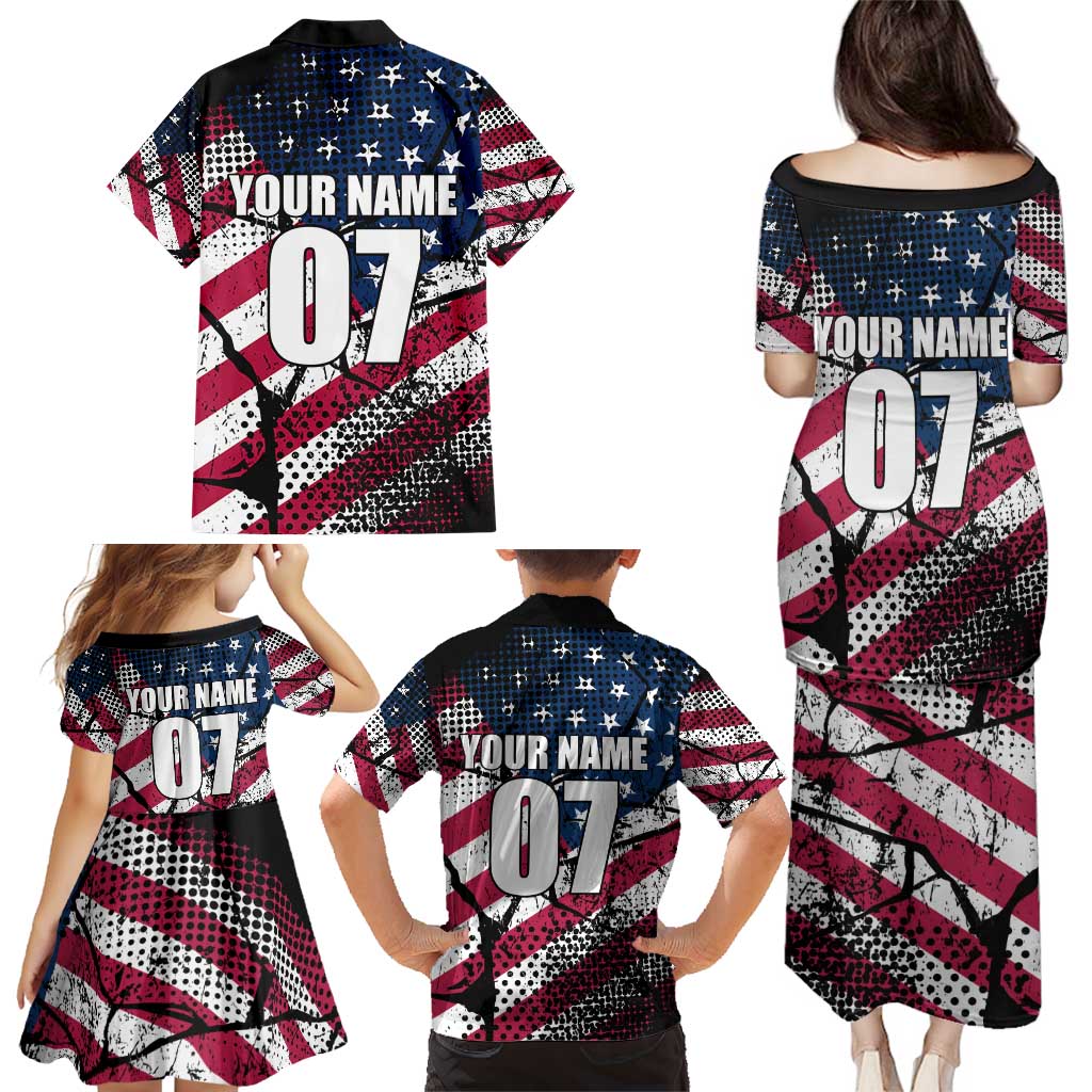 Motocross Rider Family Matching Puletasi and Hawaiian Shirt with American Flag Grunge Pattern and Custom Name Number - Wonder Print Shop