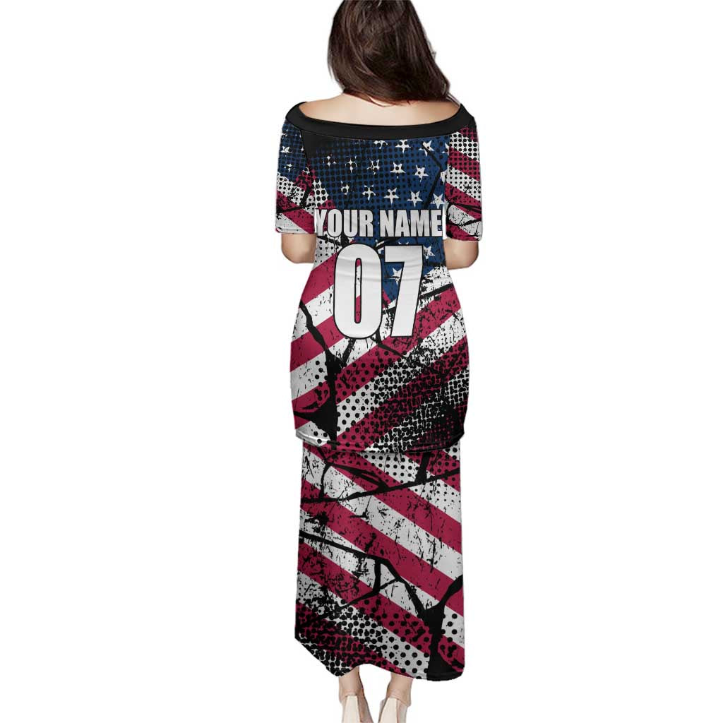 Motocross Rider Family Matching Puletasi and Hawaiian Shirt with American Flag Grunge Pattern and Custom Name Number - Wonder Print Shop