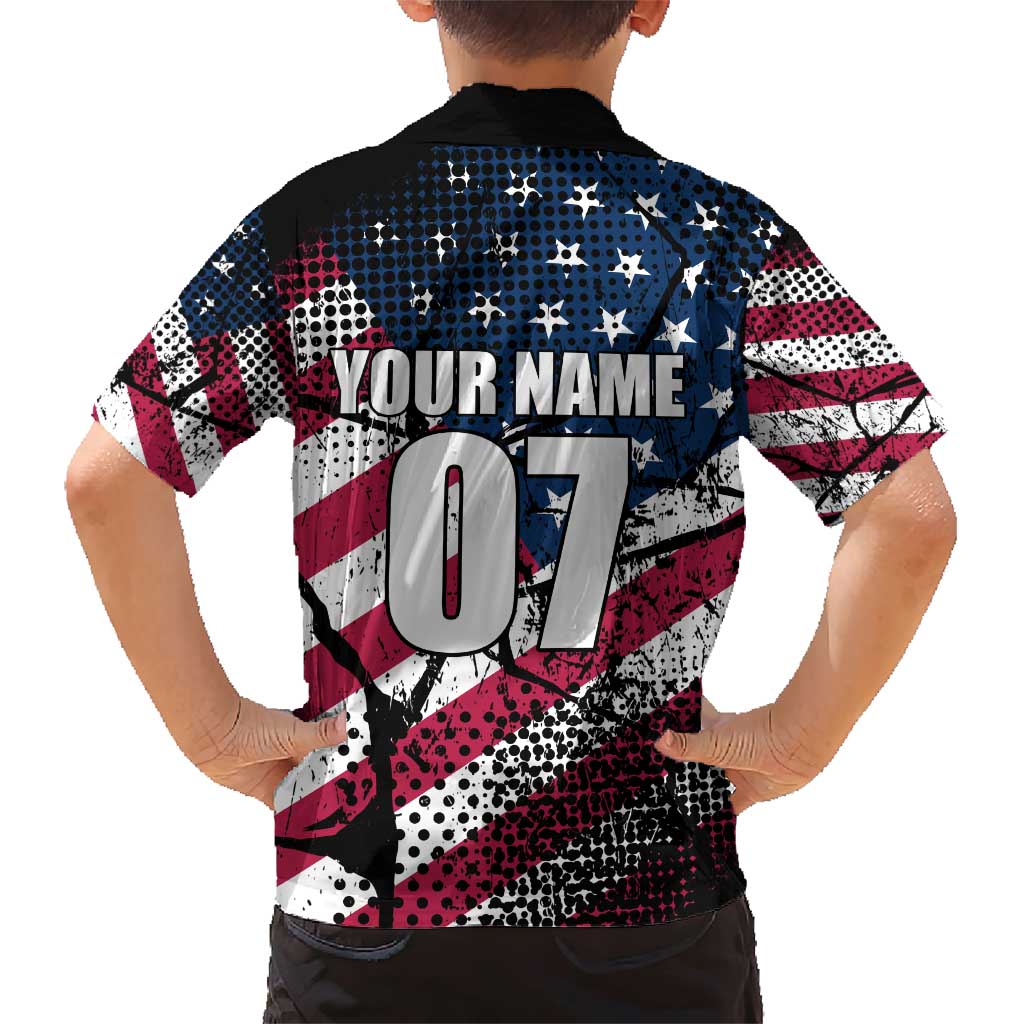 Motocross Rider Family Matching Short Sleeve Bodycon Dress and Hawaiian Shirt with American Flag Grunge Pattern and Custom Name Number - Wonder Print Shop