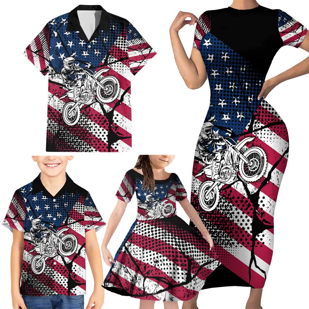 Motocross Rider Family Matching Short Sleeve Bodycon Dress and Hawaiian Shirt with American Flag Grunge Pattern and Custom Name Number - Wonder Print Shop