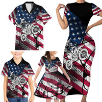 Motocross Rider Family Matching Short Sleeve Bodycon Dress and Hawaiian Shirt with American Flag Grunge Pattern and Custom Name Number - Wonder Print Shop