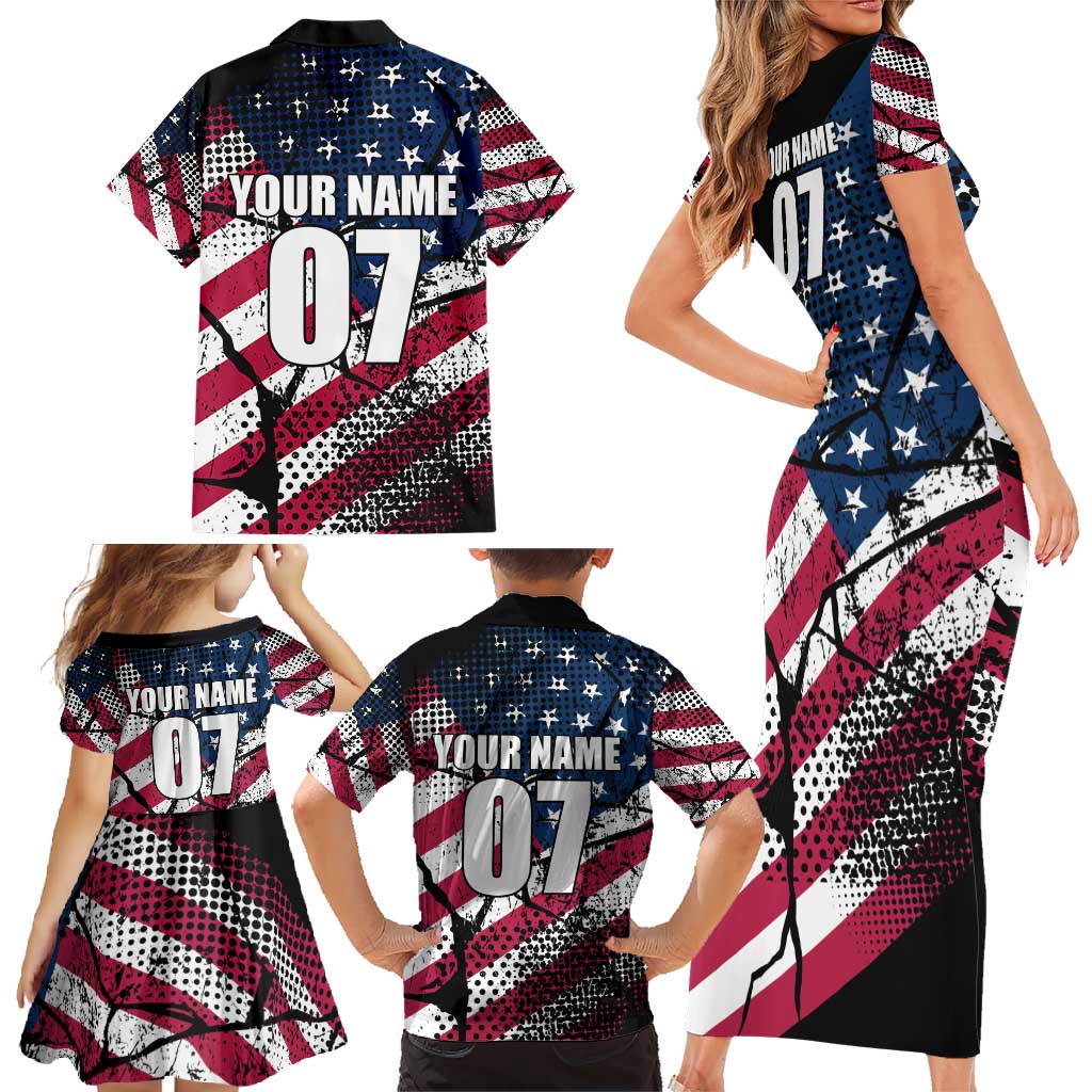 Motocross Rider Family Matching Short Sleeve Bodycon Dress and Hawaiian Shirt with American Flag Grunge Pattern and Custom Name Number - Wonder Print Shop