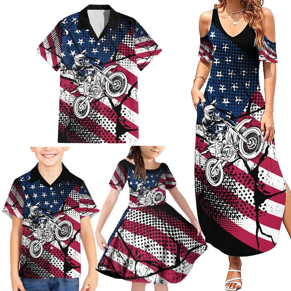 Motocross Rider Family Matching Summer Maxi Dress and Hawaiian Shirt with American Flag Grunge Pattern and Custom Name Number - Wonder Print Shop