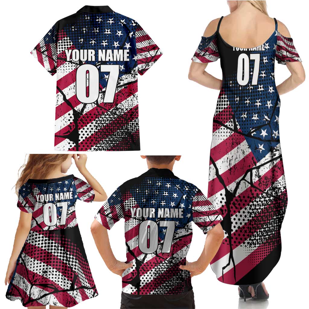 Motocross Rider Family Matching Summer Maxi Dress and Hawaiian Shirt with American Flag Grunge Pattern and Custom Name Number - Wonder Print Shop