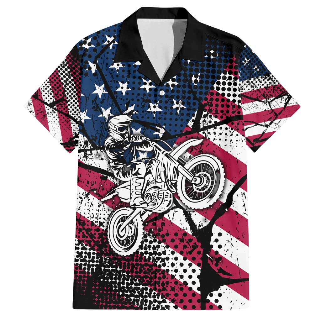 Motocross Rider Family Matching Summer Maxi Dress and Hawaiian Shirt with American Flag Grunge Pattern and Custom Name Number - Wonder Print Shop