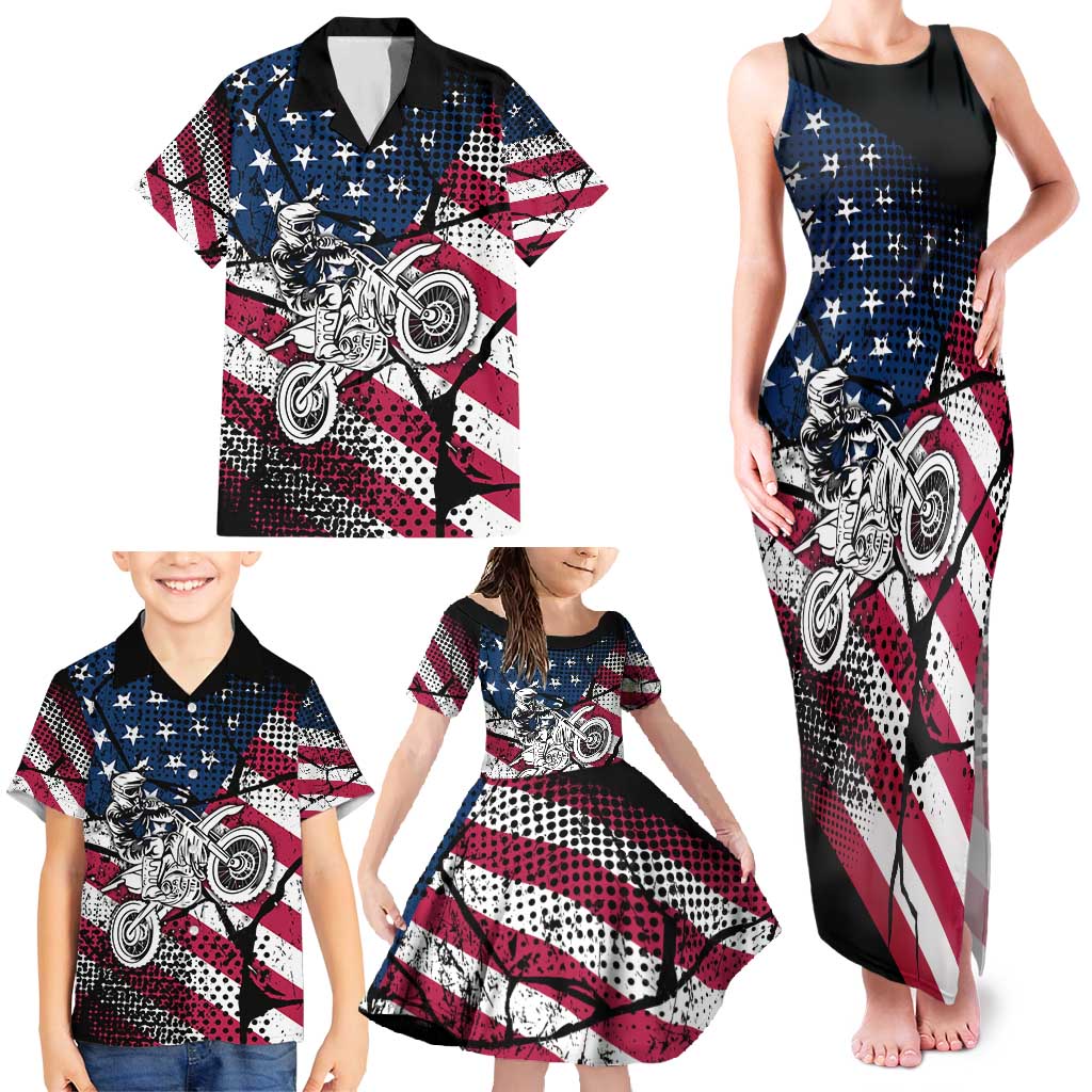 Motocross Rider Family Matching Tank Maxi Dress and Hawaiian Shirt with American Flag Grunge Pattern and Custom Name Number - Wonder Print Shop