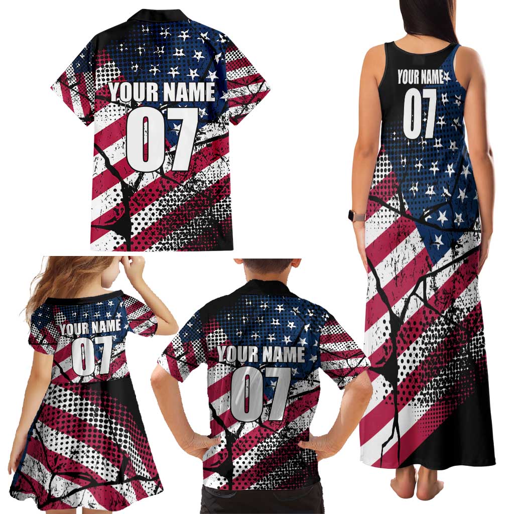 Motocross Rider Family Matching Tank Maxi Dress and Hawaiian Shirt with American Flag Grunge Pattern and Custom Name Number - Wonder Print Shop