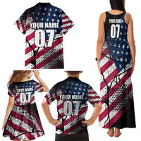 Motocross Rider Family Matching Tank Maxi Dress and Hawaiian Shirt with American Flag Grunge Pattern and Custom Name Number - Wonder Print Shop
