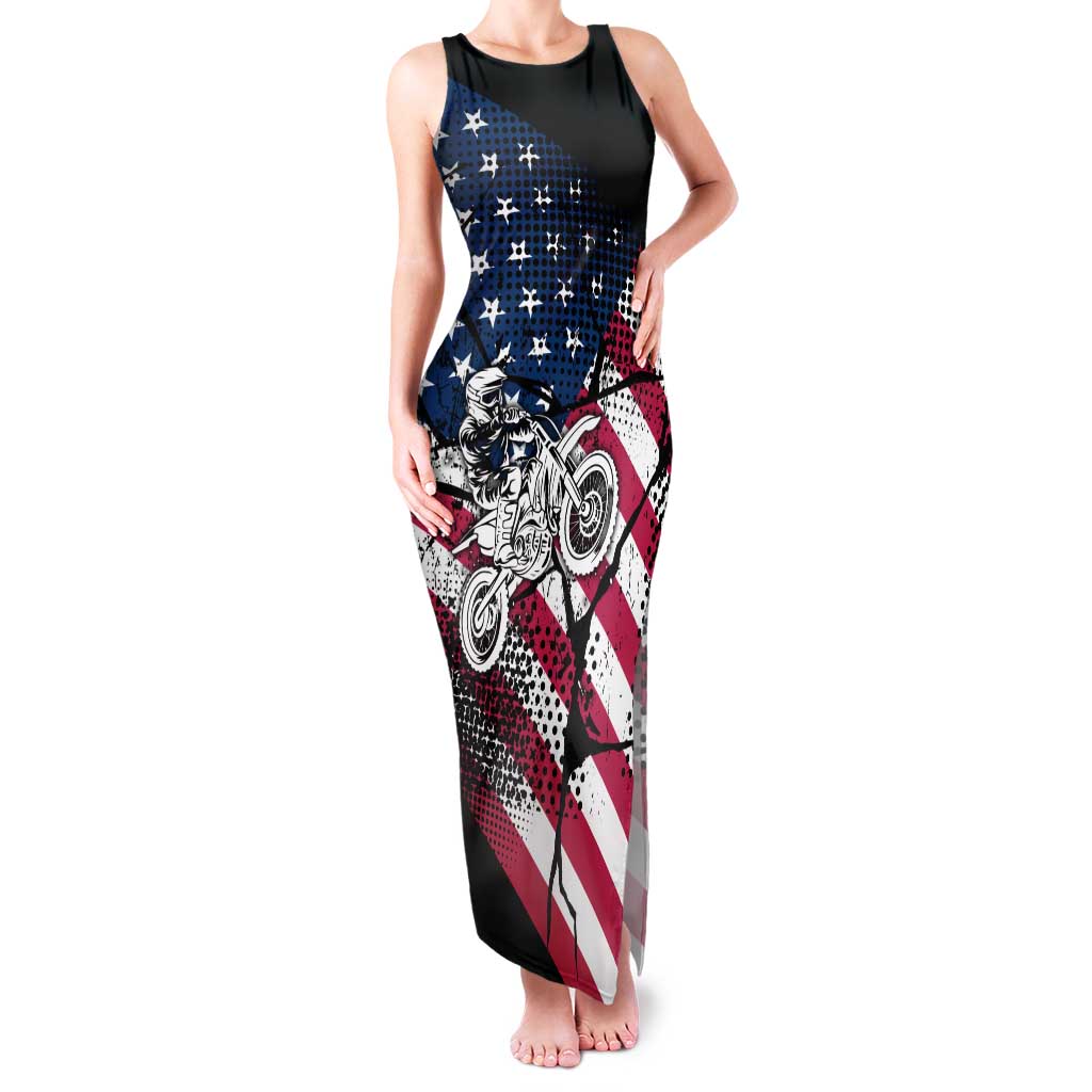 Motocross Rider Family Matching Tank Maxi Dress and Hawaiian Shirt with American Flag Grunge Pattern and Custom Name Number - Wonder Print Shop