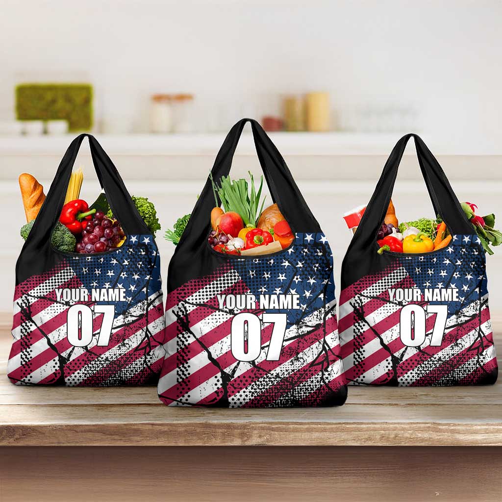 Motocross Rider Grocery Bag with American Flag Grunge Pattern and Custom Name Number - Wonder Print Shop