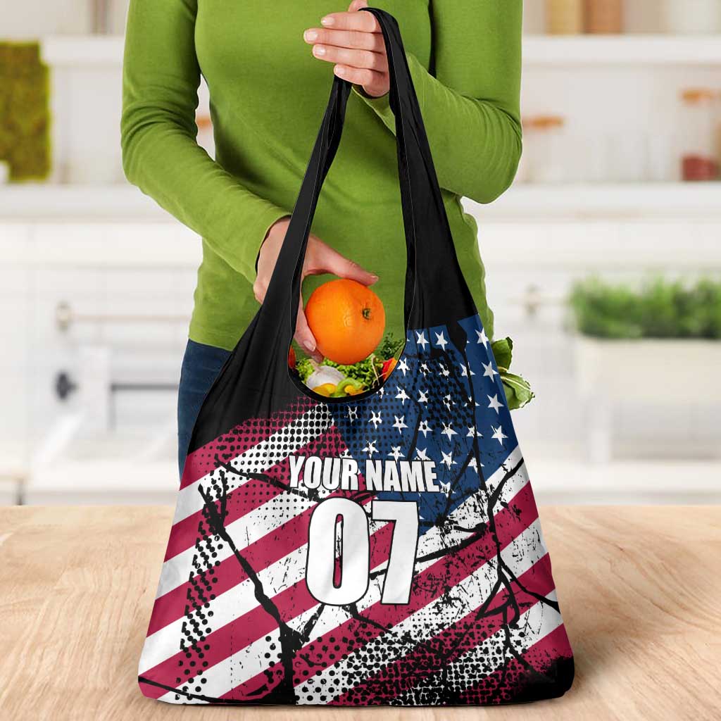 Motocross Rider Grocery Bag with American Flag Grunge Pattern and Custom Name Number - Wonder Print Shop