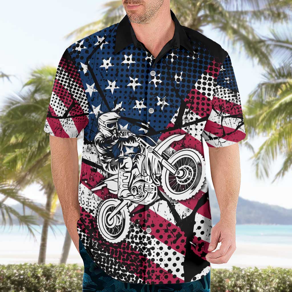 Motocross Rider Hawaiian Shirt with American Flag Grunge Pattern and Custom Name Number - Wonder Print Shop