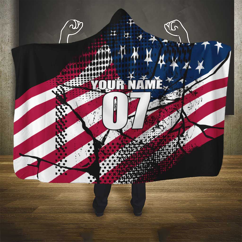 Motocross Rider Hooded Blanket with American Flag Grunge Pattern and Custom Name Number - Wonder Print Shop