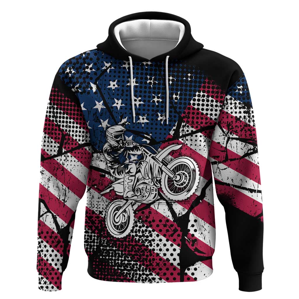 Motocross Rider Hoodie with American Flag Grunge Pattern and Custom Name Number - Wonder Print Shop