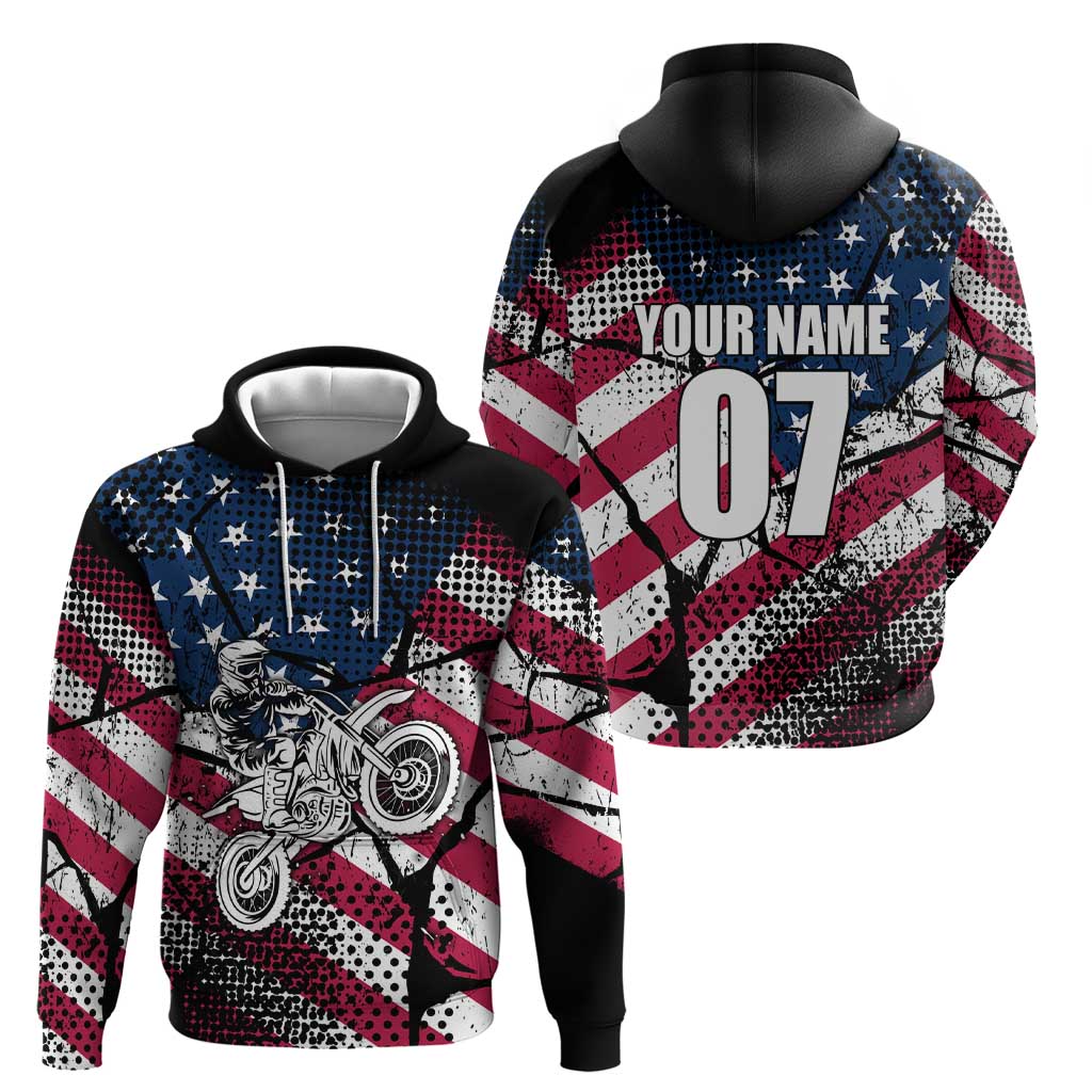 Motocross Rider Hoodie with American Flag Grunge Pattern and Custom Name Number - Wonder Print Shop