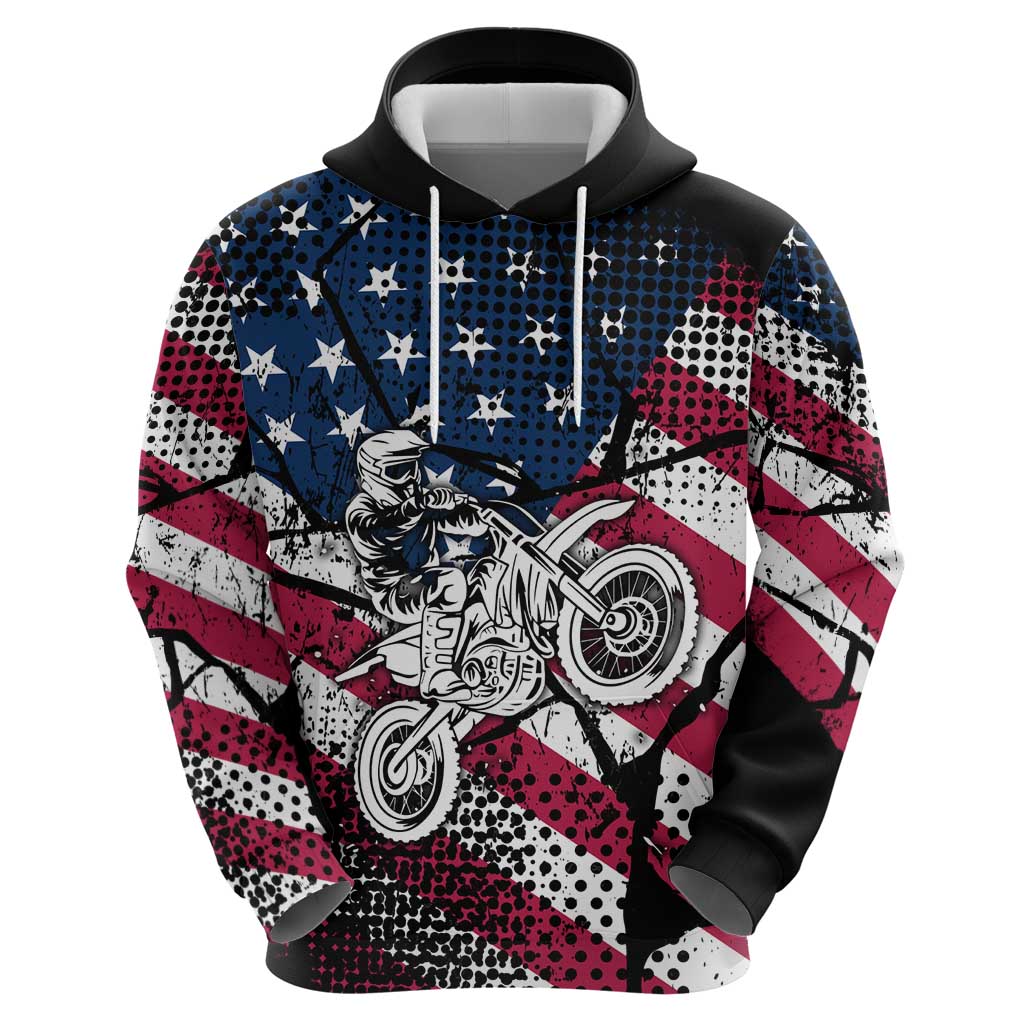 Motocross Rider Hoodie with American Flag Grunge Pattern and Custom Name Number - Wonder Print Shop