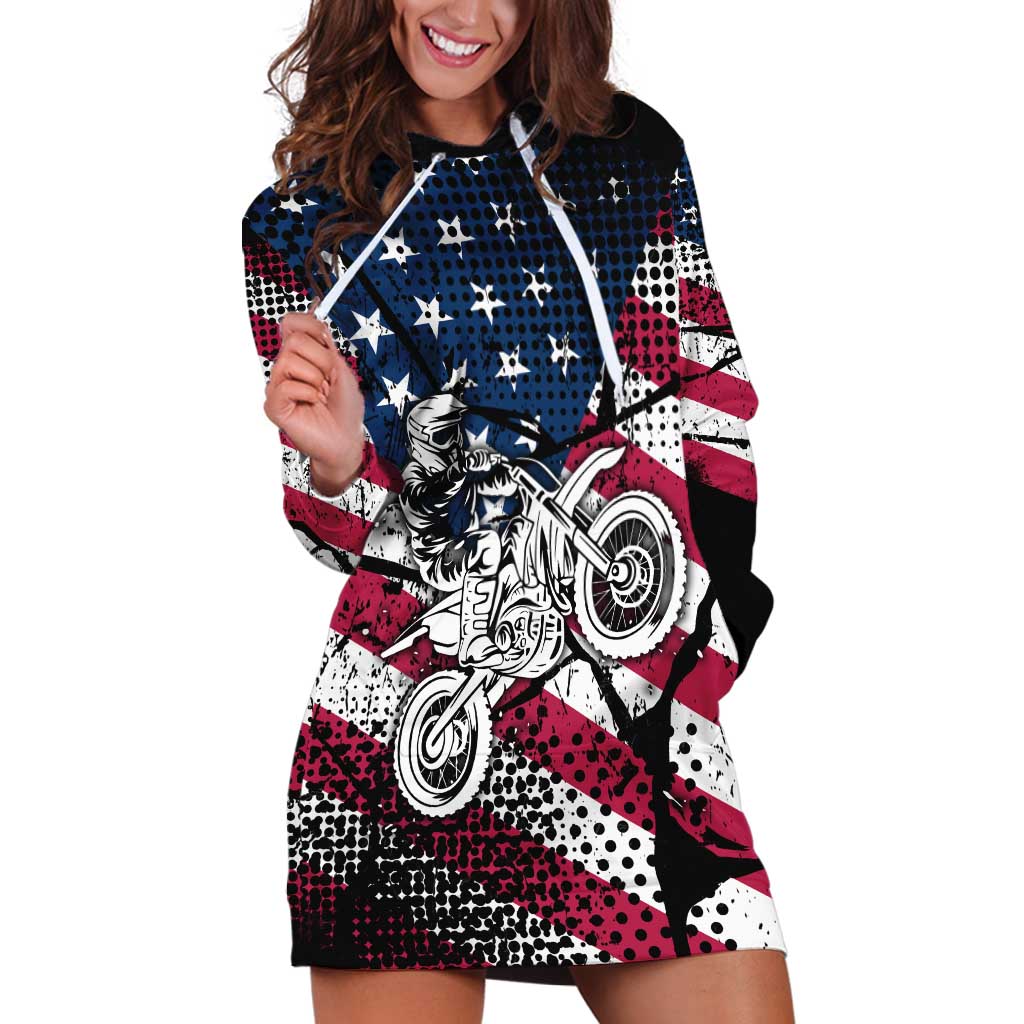 Motocross Rider Hoodie Dress with American Flag Grunge Pattern and Custom Name Number - Wonder Print Shop