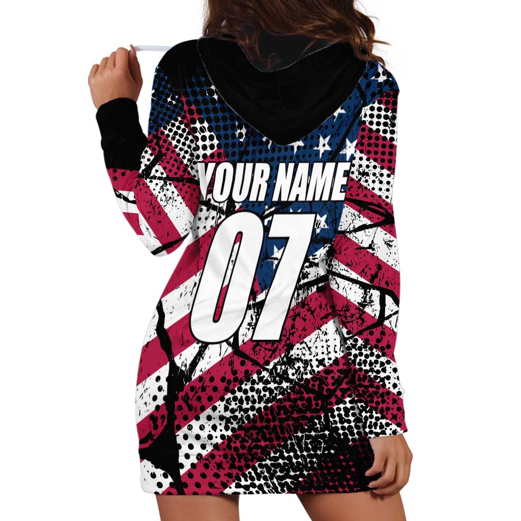 Motocross Rider Hoodie Dress with American Flag Grunge Pattern and Custom Name Number - Wonder Print Shop