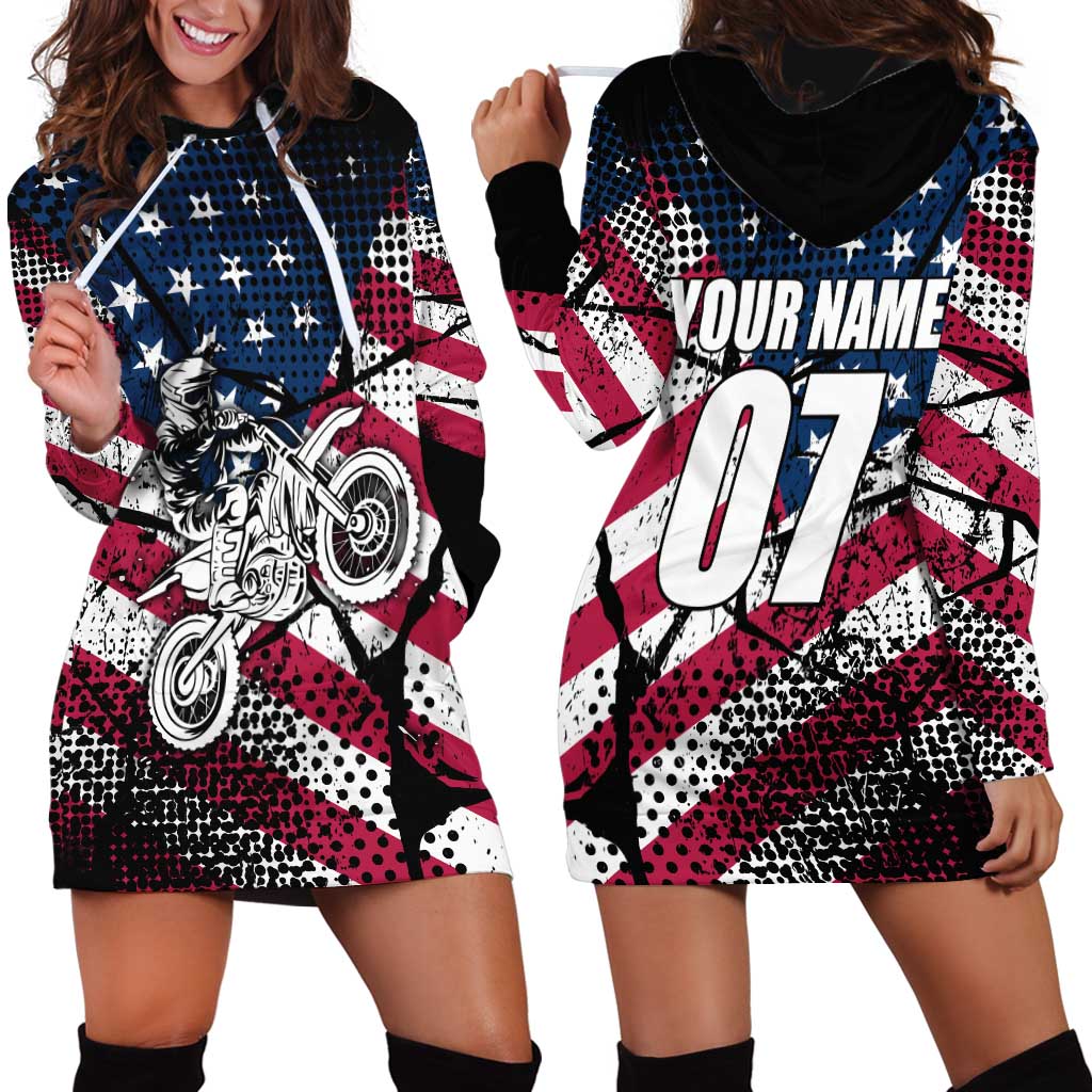 Motocross Rider Hoodie Dress with American Flag Grunge Pattern and Custom Name Number - Wonder Print Shop