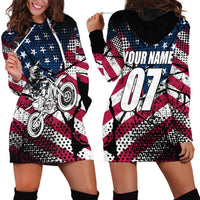 Motocross Rider Hoodie Dress with American Flag Grunge Pattern and Custom Name Number - Wonder Print Shop