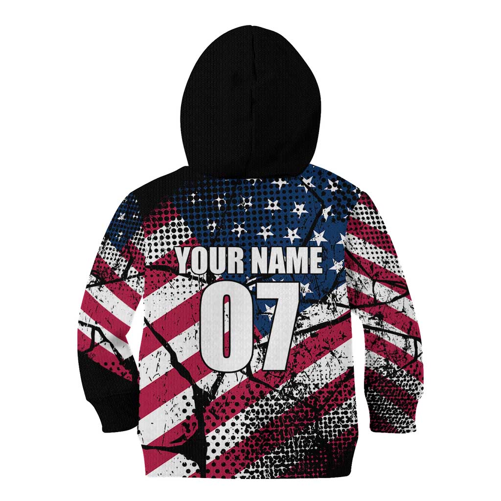 Motocross Rider Kid Hoodie with American Flag Grunge Pattern and Custom Name Number - Wonder Print Shop