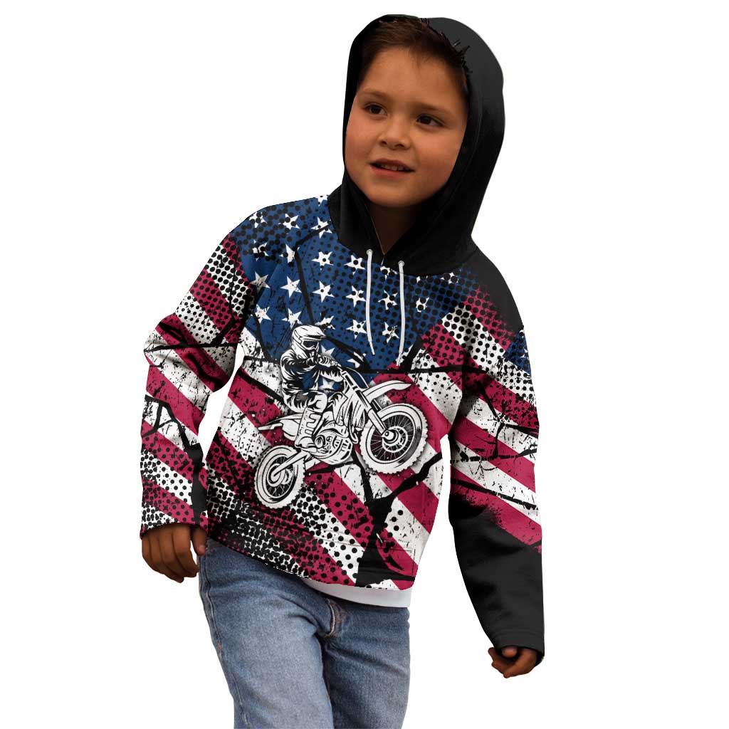 Motocross Rider Kid Hoodie with American Flag Grunge Pattern and Custom Name Number - Wonder Print Shop