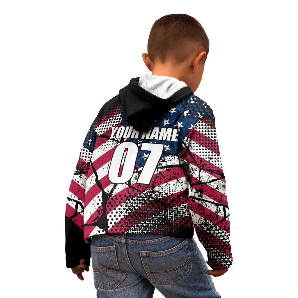 Motocross Rider Kid Hoodie with American Flag Grunge Pattern and Custom Name Number - Wonder Print Shop