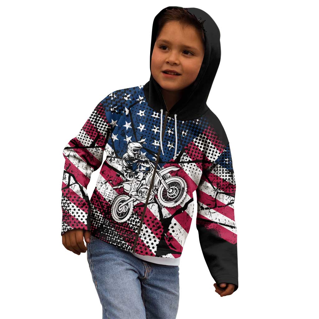 Motocross Rider Kid Hoodie with American Flag Grunge Pattern and Custom Name Number - Wonder Print Shop