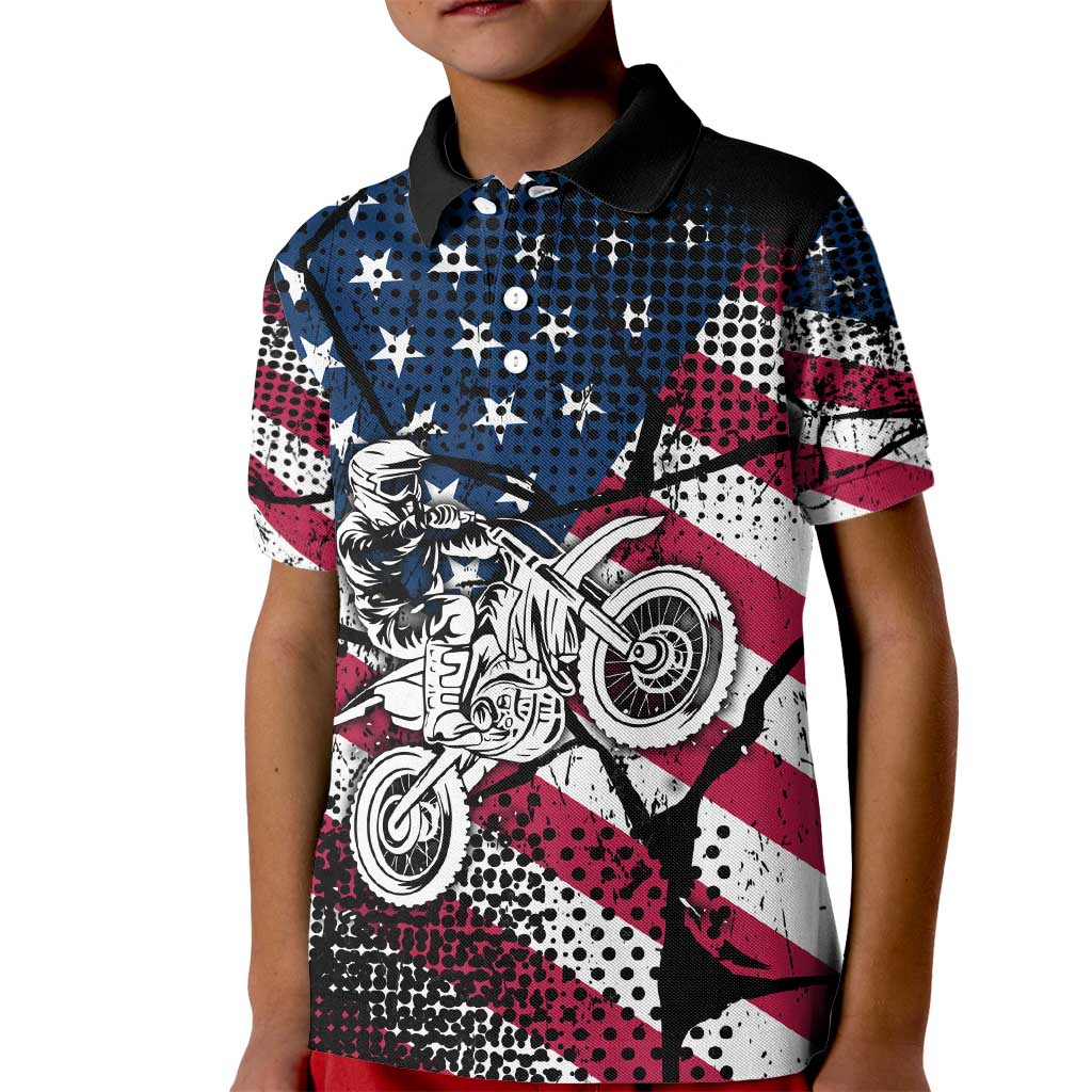 Motocross Rider Kid Polo Shirt with American Flag Grunge Pattern and Custom Name Number - Wonder Print Shop