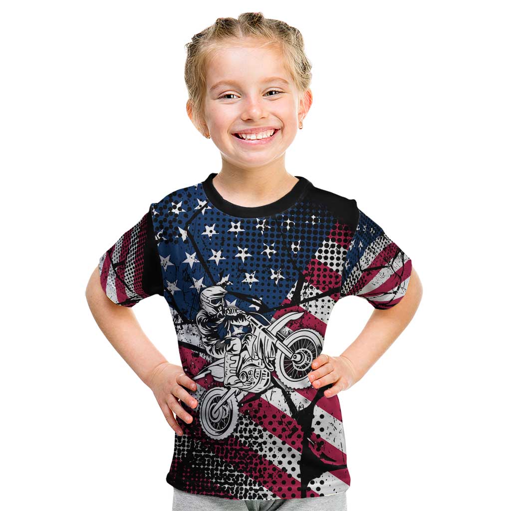 Motocross Rider Kid T Shirt with American Flag Grunge Pattern and Custom Name Number - Wonder Print Shop