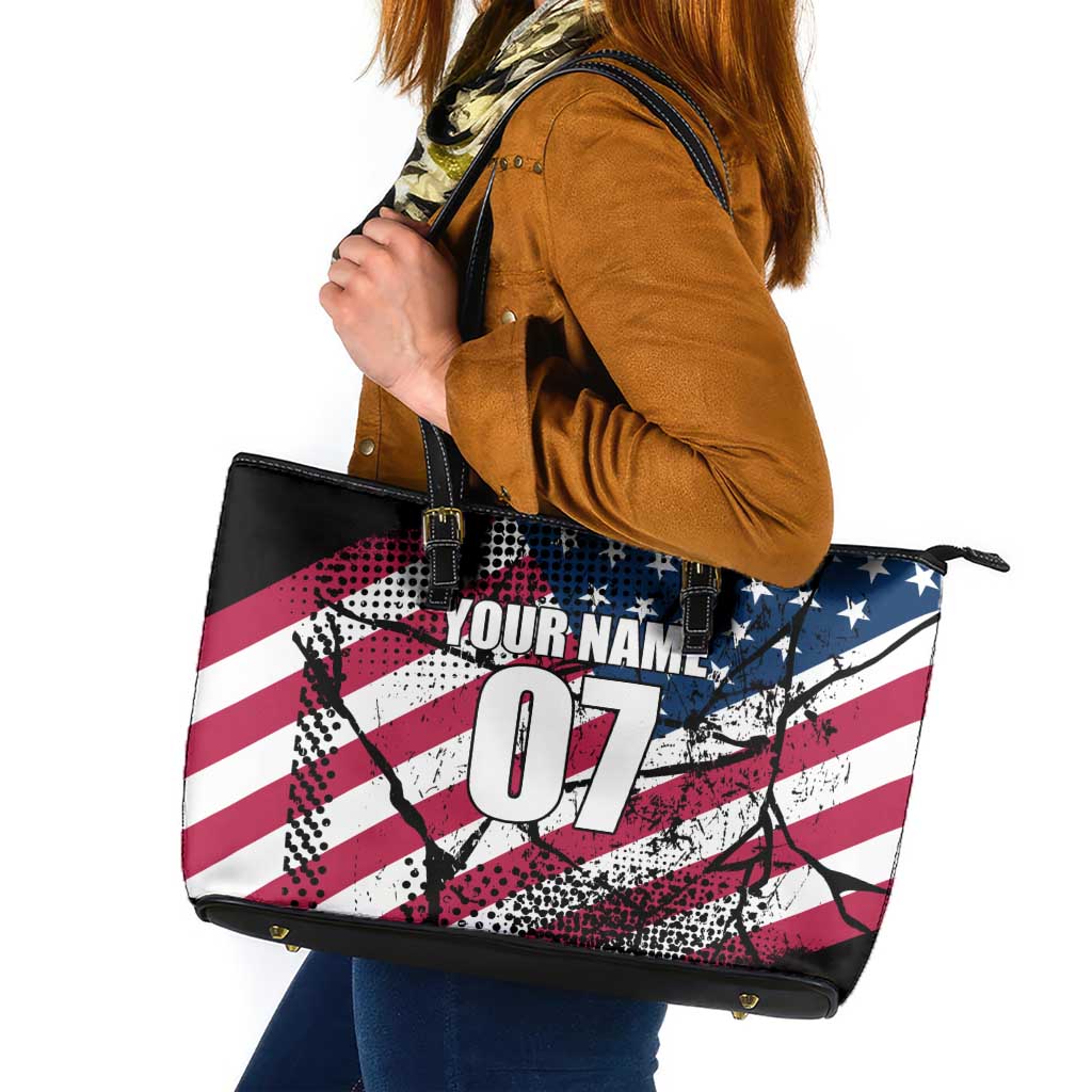 Motocross Rider Leather Tote Bag with American Flag Grunge Pattern and Custom Name Number - Wonder Print Shop