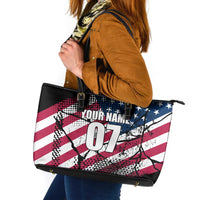 Motocross Rider Leather Tote Bag with American Flag Grunge Pattern and Custom Name Number - Wonder Print Shop