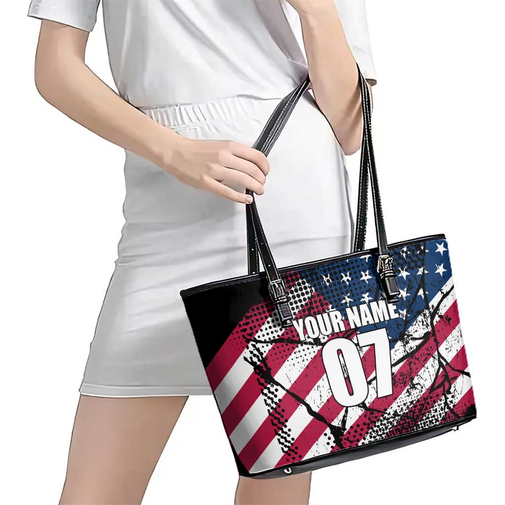 Motocross Rider Leather Tote Bag with American Flag Grunge Pattern and Custom Name Number - Wonder Print Shop